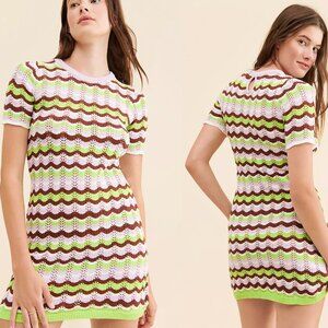 Olivia Rubin Hailey Green Brown Cotton Pointelle Mini Dress 27025